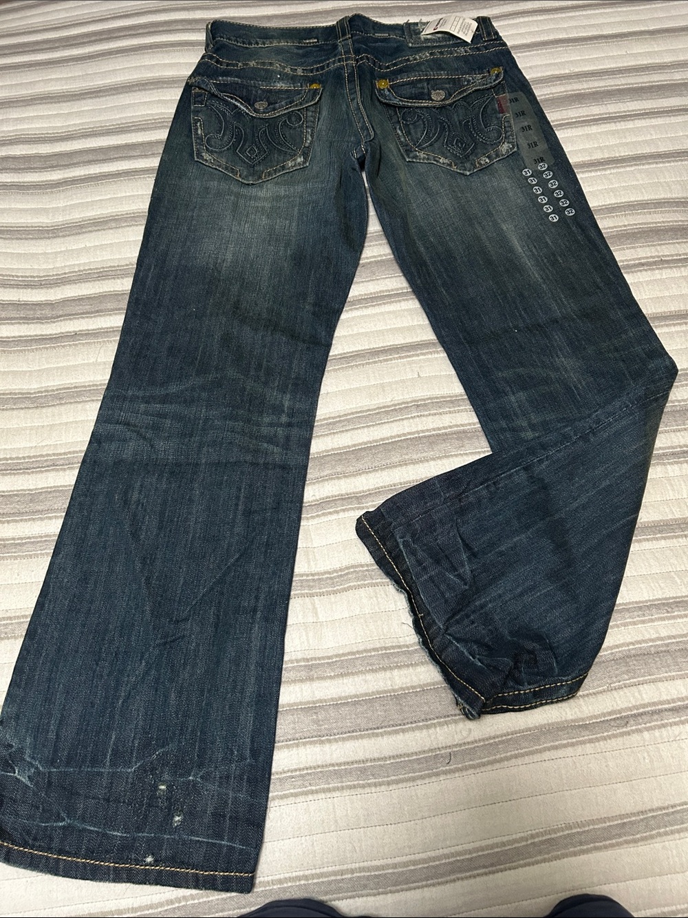 MEK Denim Men's Dark Blue Embroidered Back Pocket Bootcut Jeans